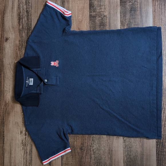 Psycho Bunny Ringer Polo Size 6 Large In Deep Blue With Red Stripes Pima Cotton - Picture 1 of 11